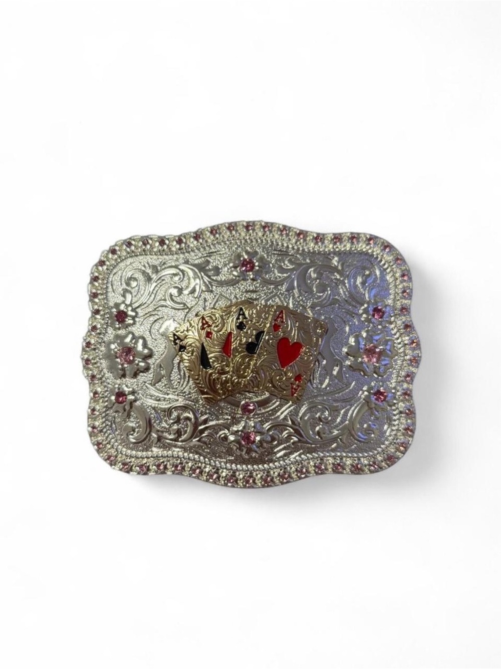 Silver Belt Buckle with Pink Accents and Gold Card Motif